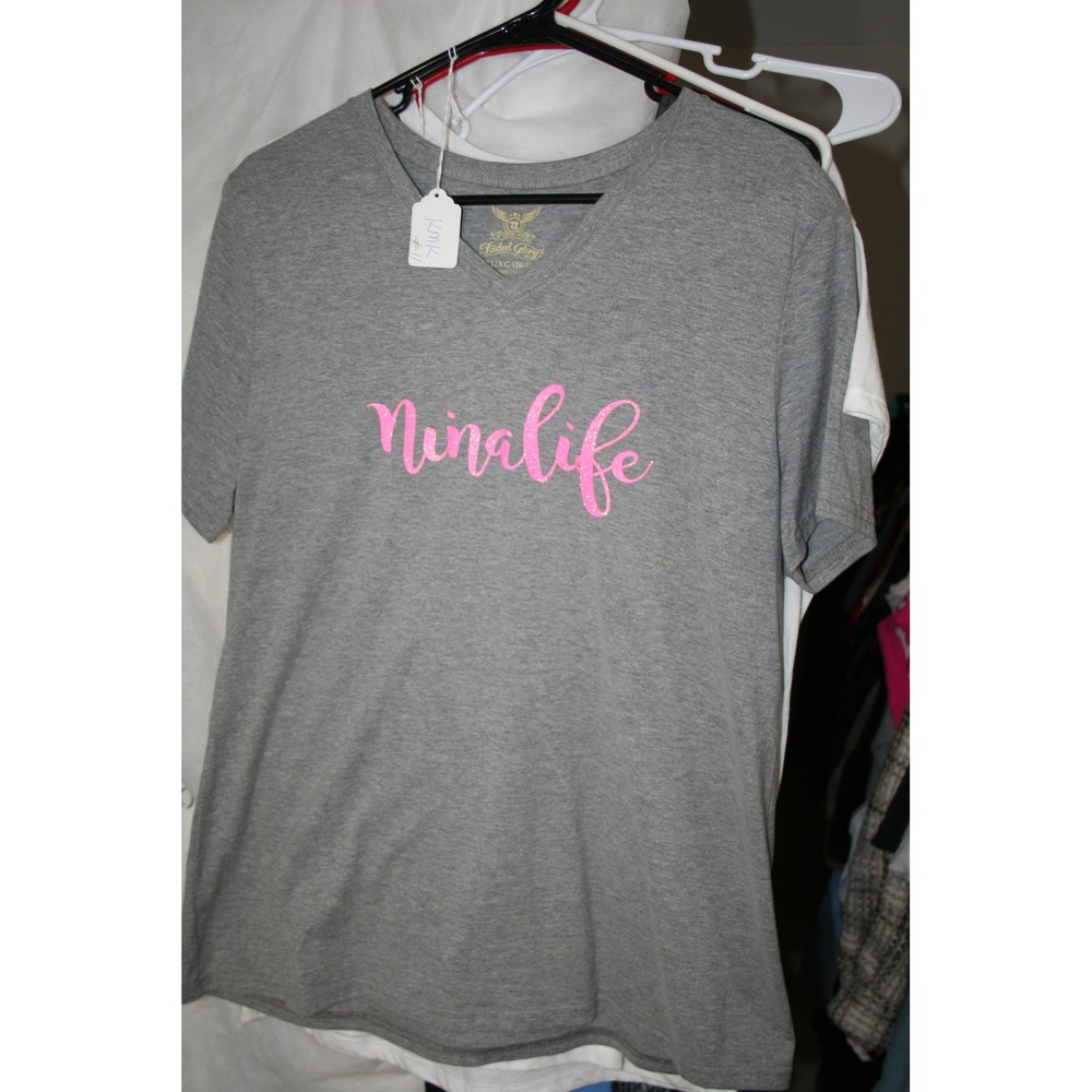 Faded Glory Ninalife Pink Glitter Graphic V-Neck Tee Gray XL 16-18 FGL17058H